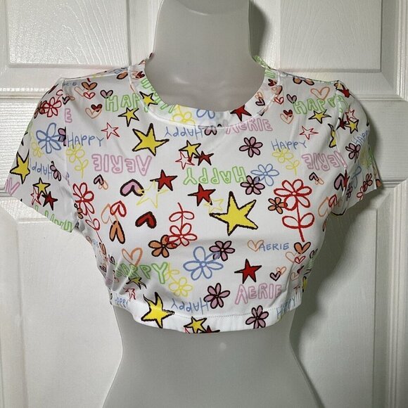 NWT Aerie Stretch Crop Top Happy Floral Hearts Summer Lightweight Festival Beach - Picture 3 of 11